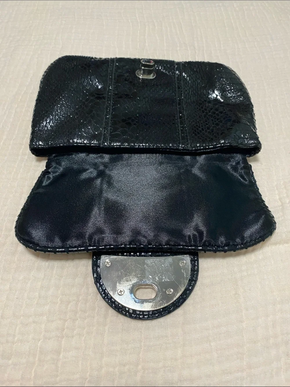 London Fog Black Patent Snakeskin-Embossed Clutch with Silver Hardware